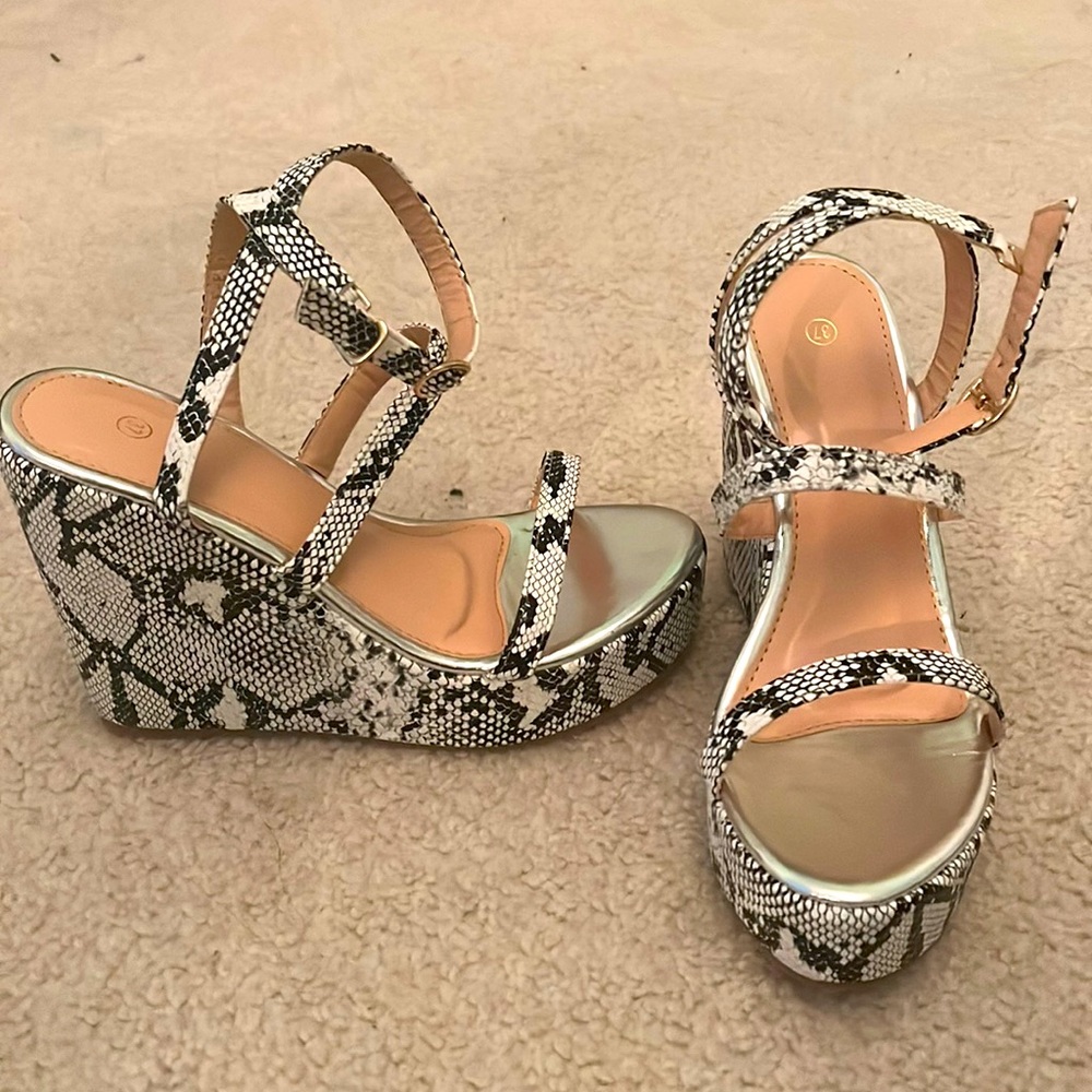 snakeskin wedge heels
